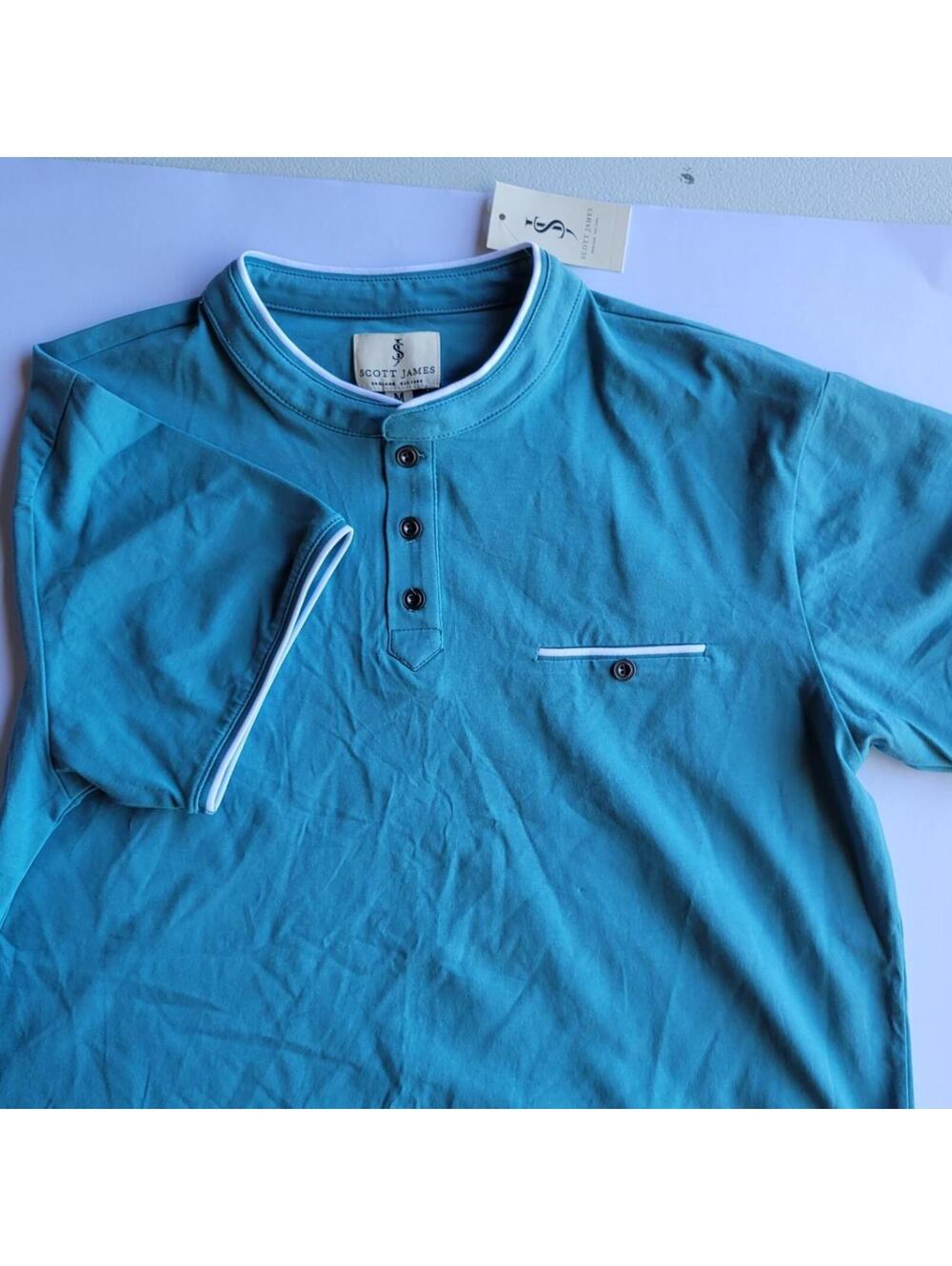 Scott James Men’s Medium Blue Henley Short Sleeve Pocket T-Shirt Tee Stretch